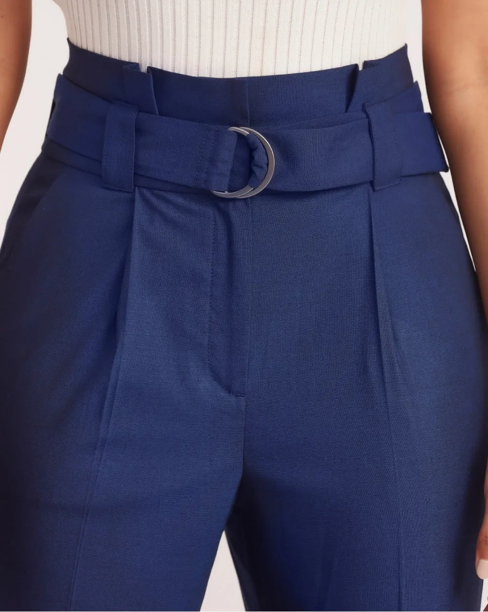 Straight Fit High Waist Pleated Paperbag Trousers - Midnight Blue