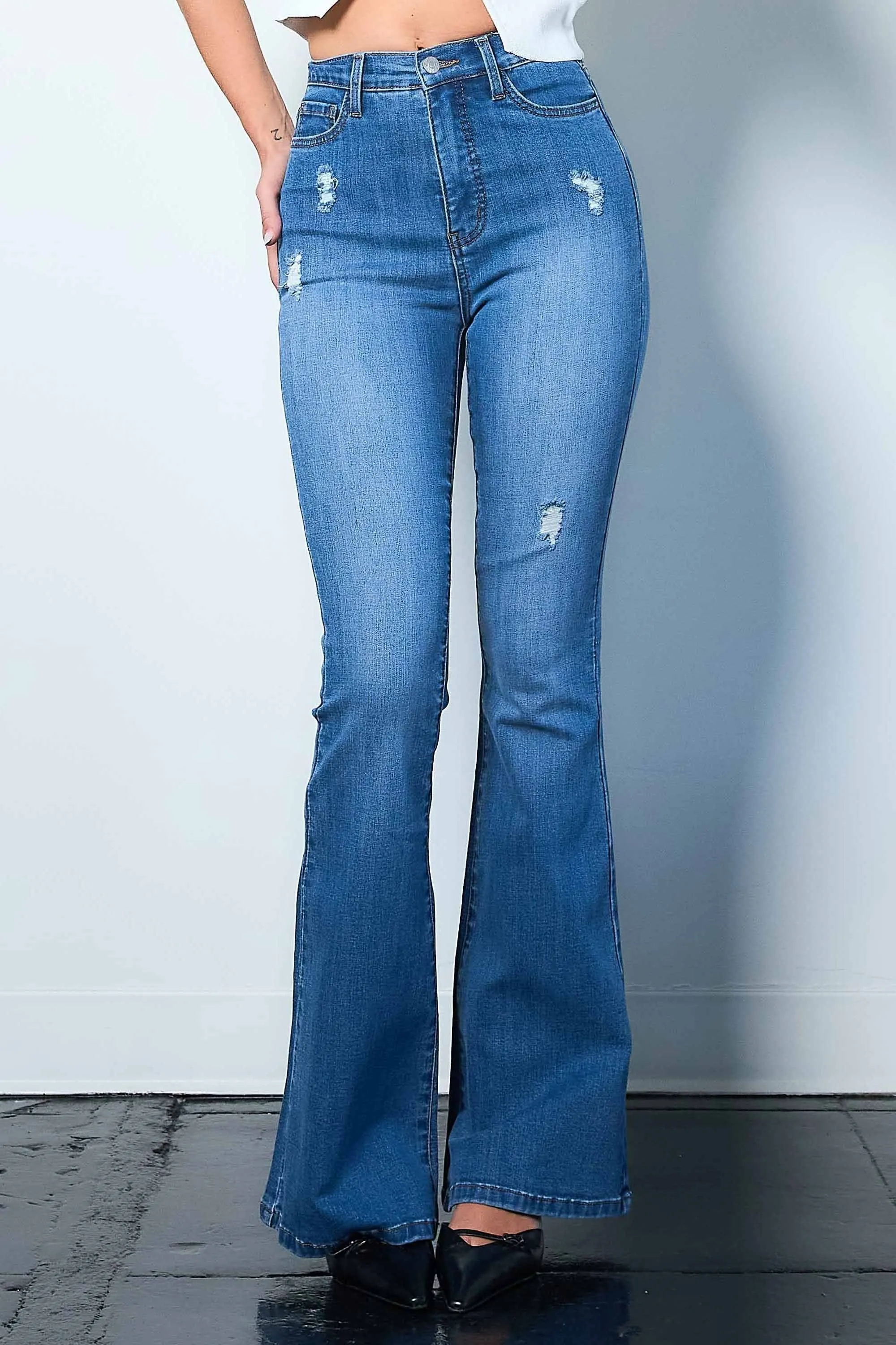 Subtle Distressed Flare Jeans