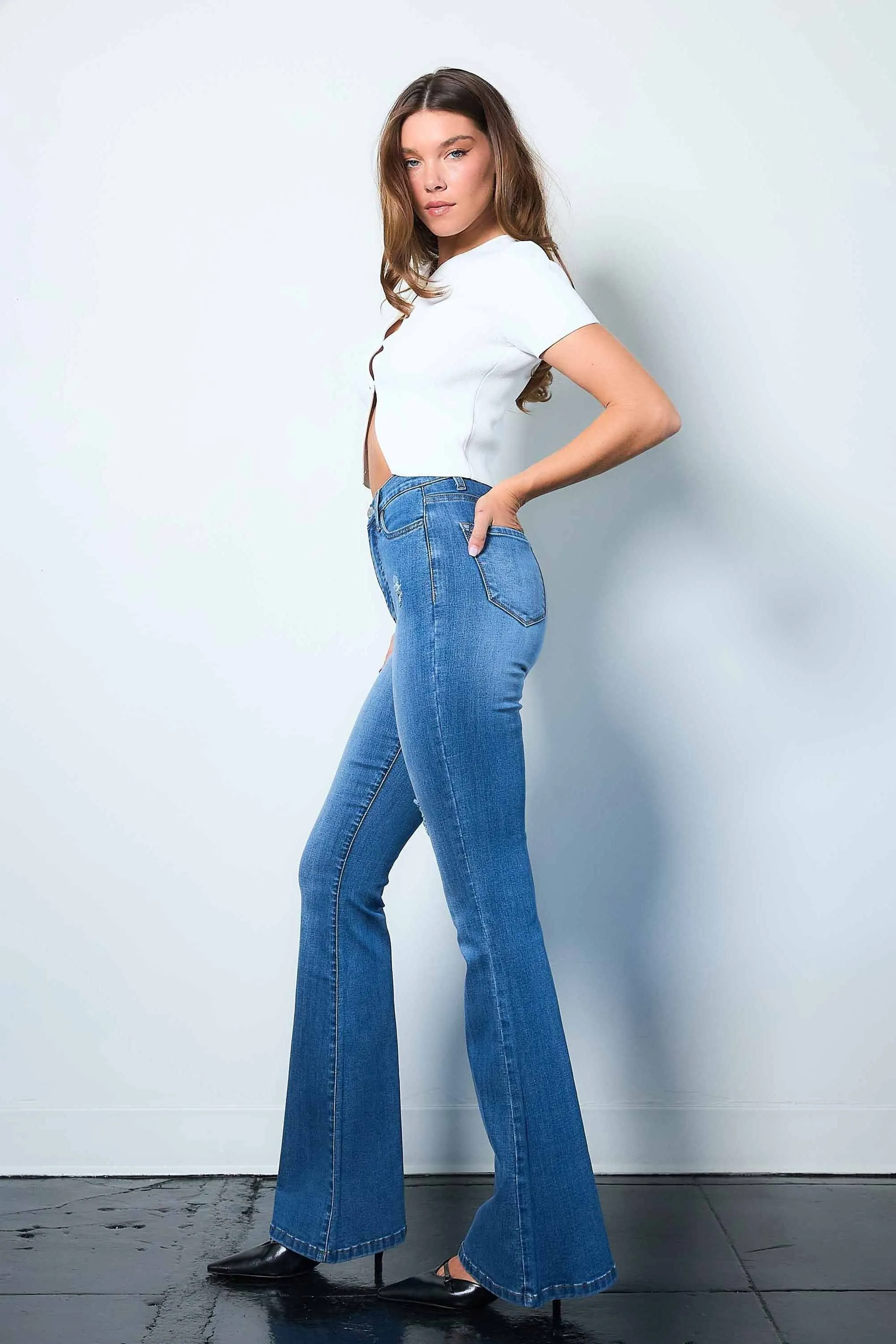 Subtle Distressed Flare Jeans