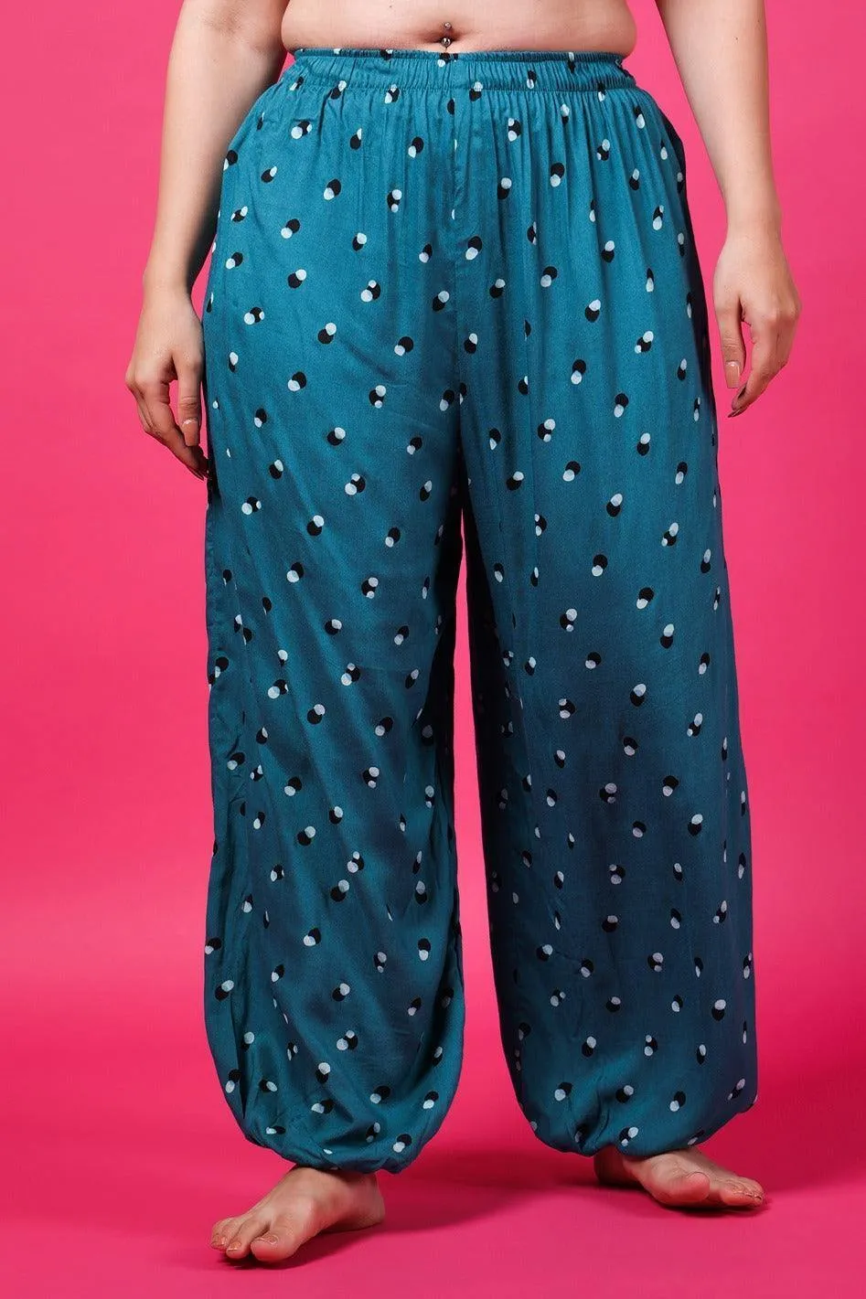 Teal Green Dots Printed Harem Pants