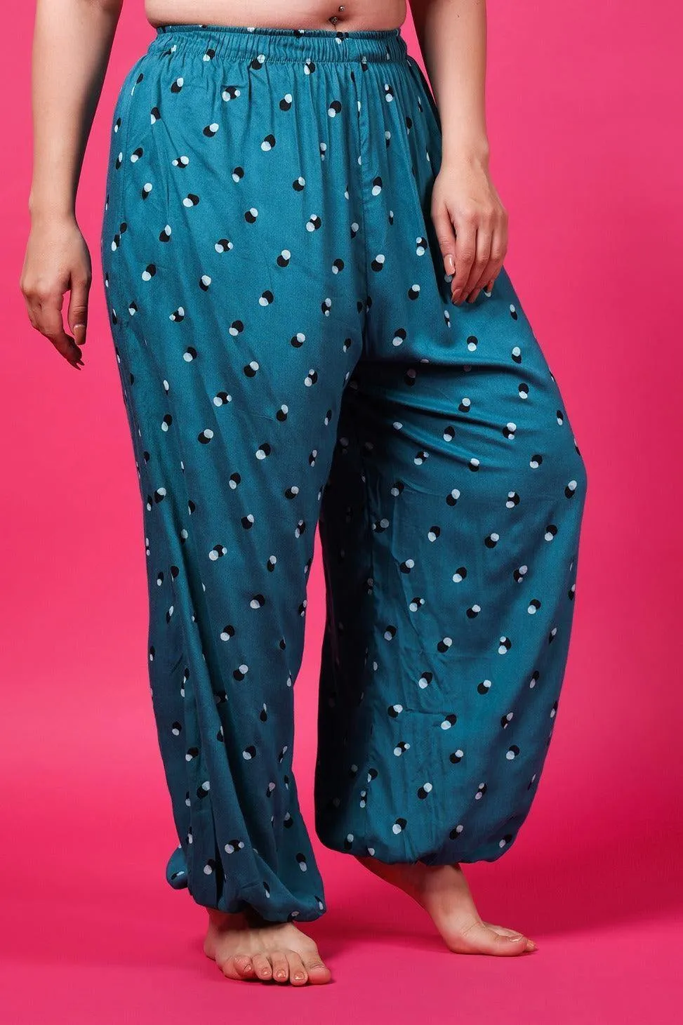 Teal Green Dots Printed Harem Pants