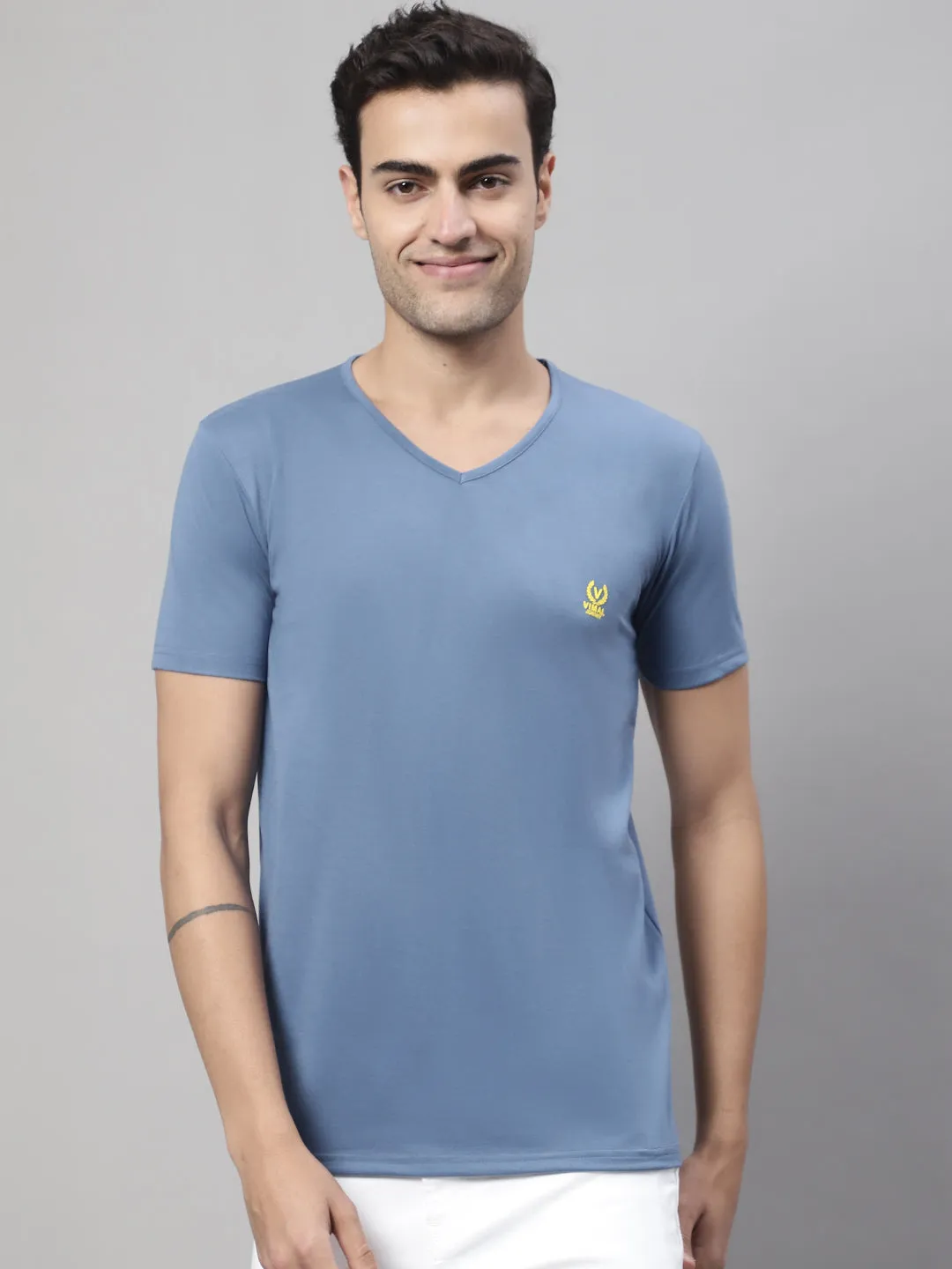 Vimal Jonney V Neck Cotton Solid Dark Grey T-Shirt for Men