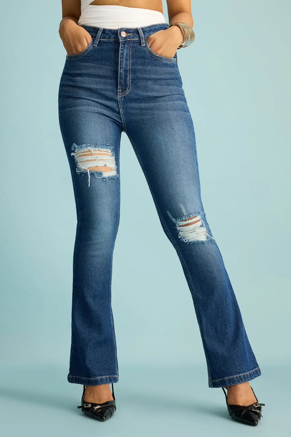 Vintage Sky Distress Bootcut Jeans