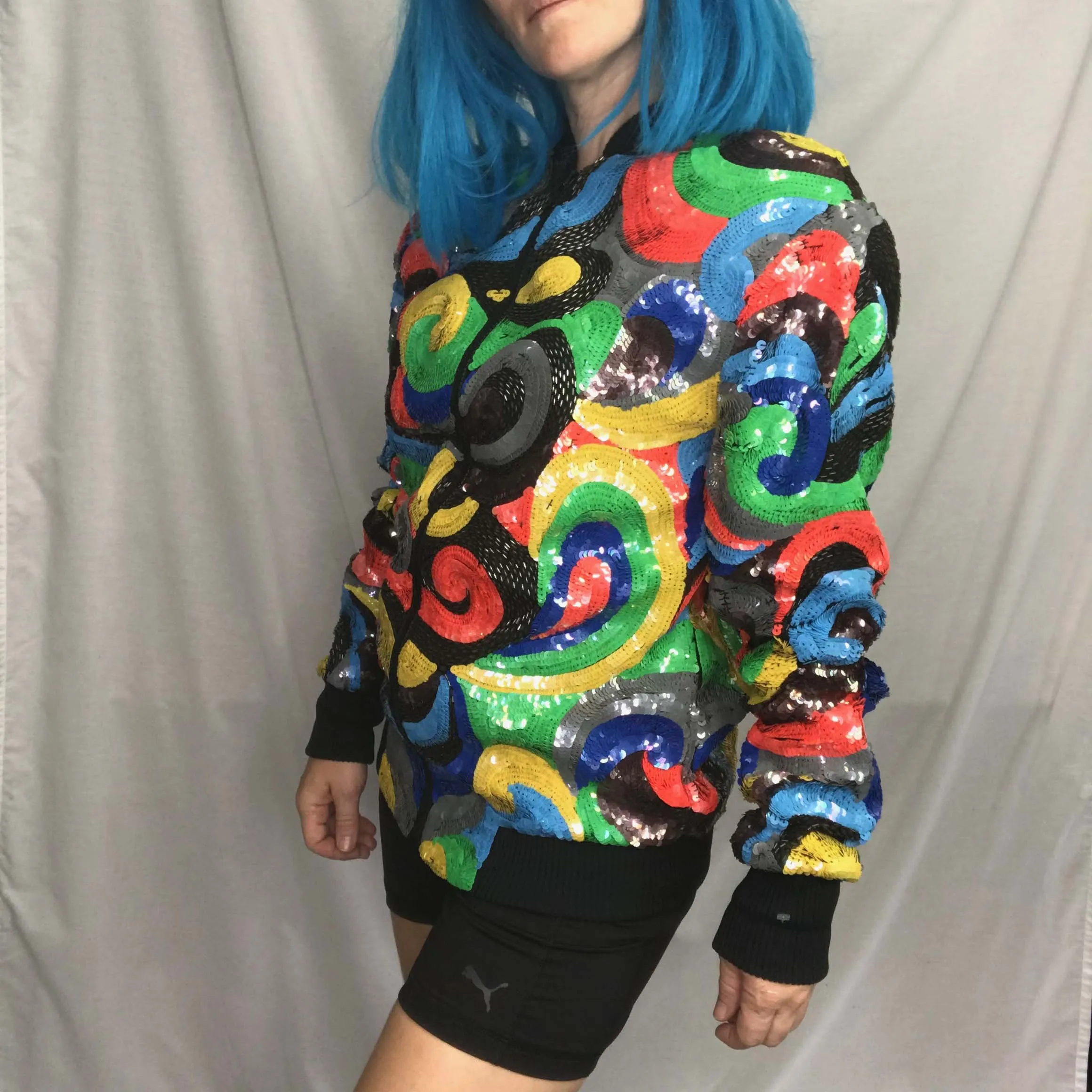 VTG 80s 90s Fully Sequined Beaded Silk Wild Abstract Colorful Bomber Jacket | S