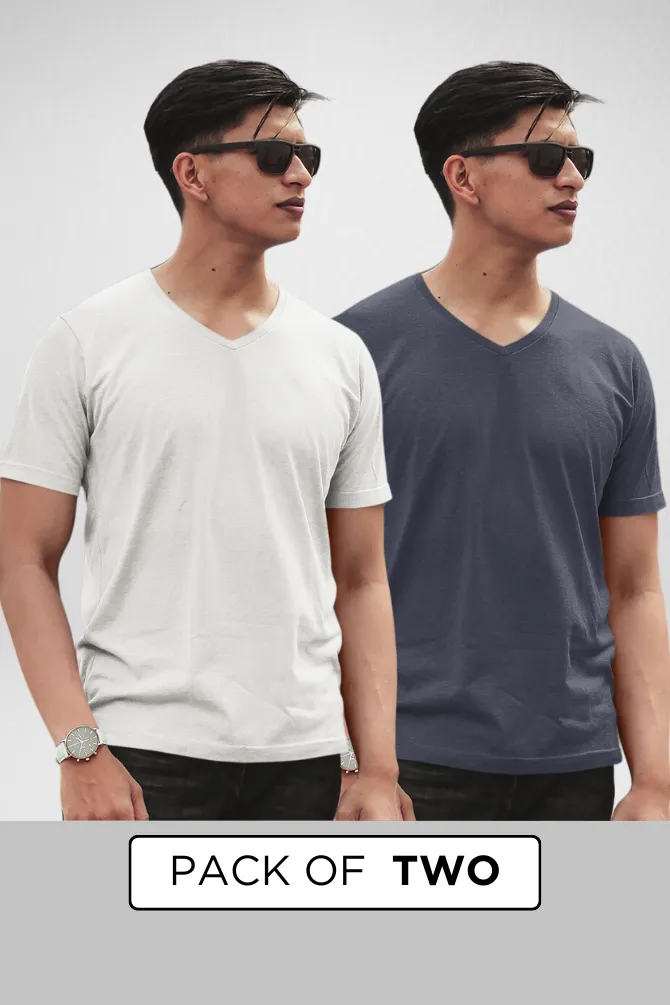 White and Navy Blue V Neck T-Shirts Combo for Men