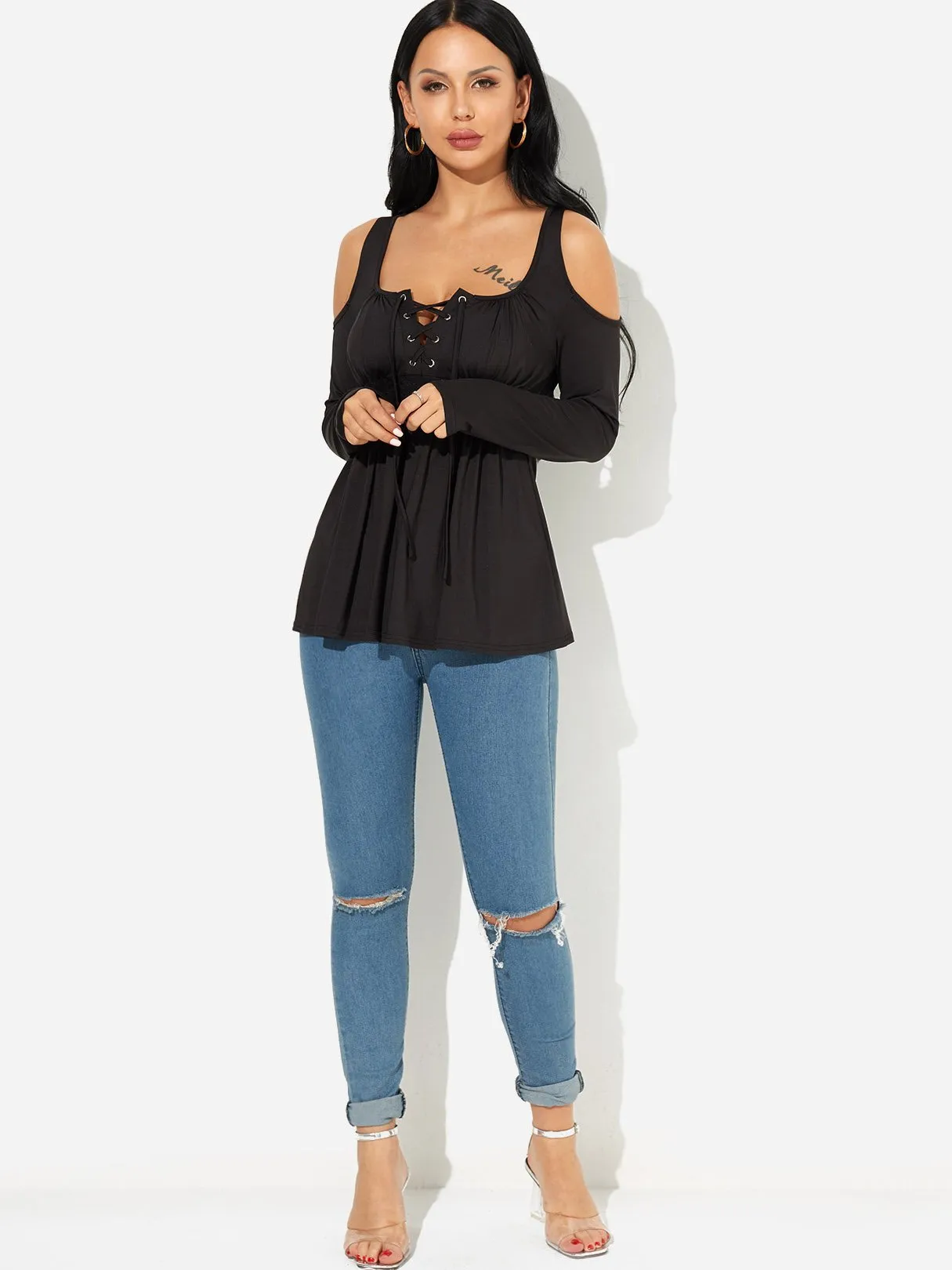 Wholesale Cold Shoulder Plain Lace-Up Pleated Long Sleeve T-Shirts