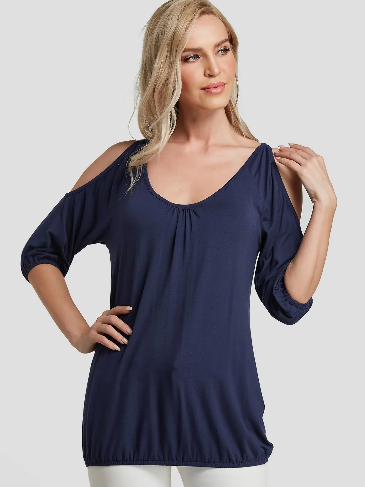 Wholesale Cold Shoulder Plain Pleated Half Sleeve Navy T-Shirts