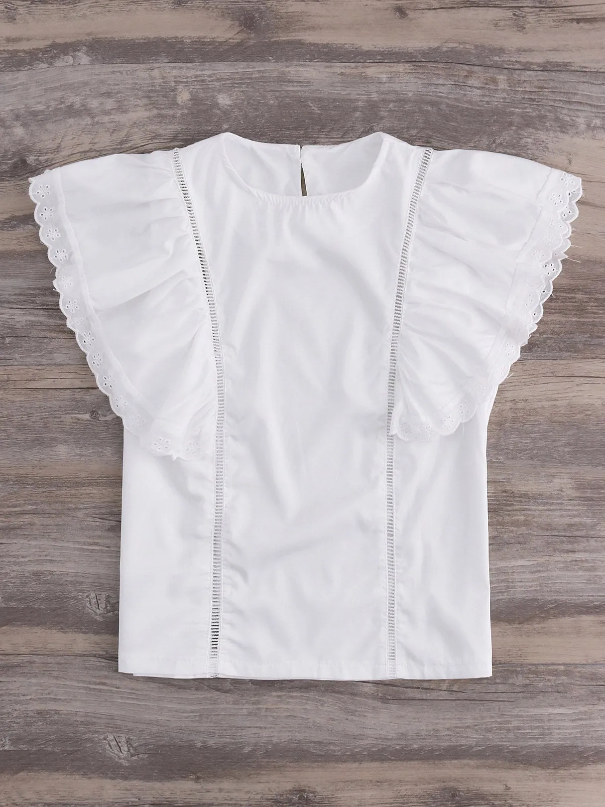 Wholesale Round Neck Plain Cut Out Ruffle Trim Short Sleeve White T-Shirts