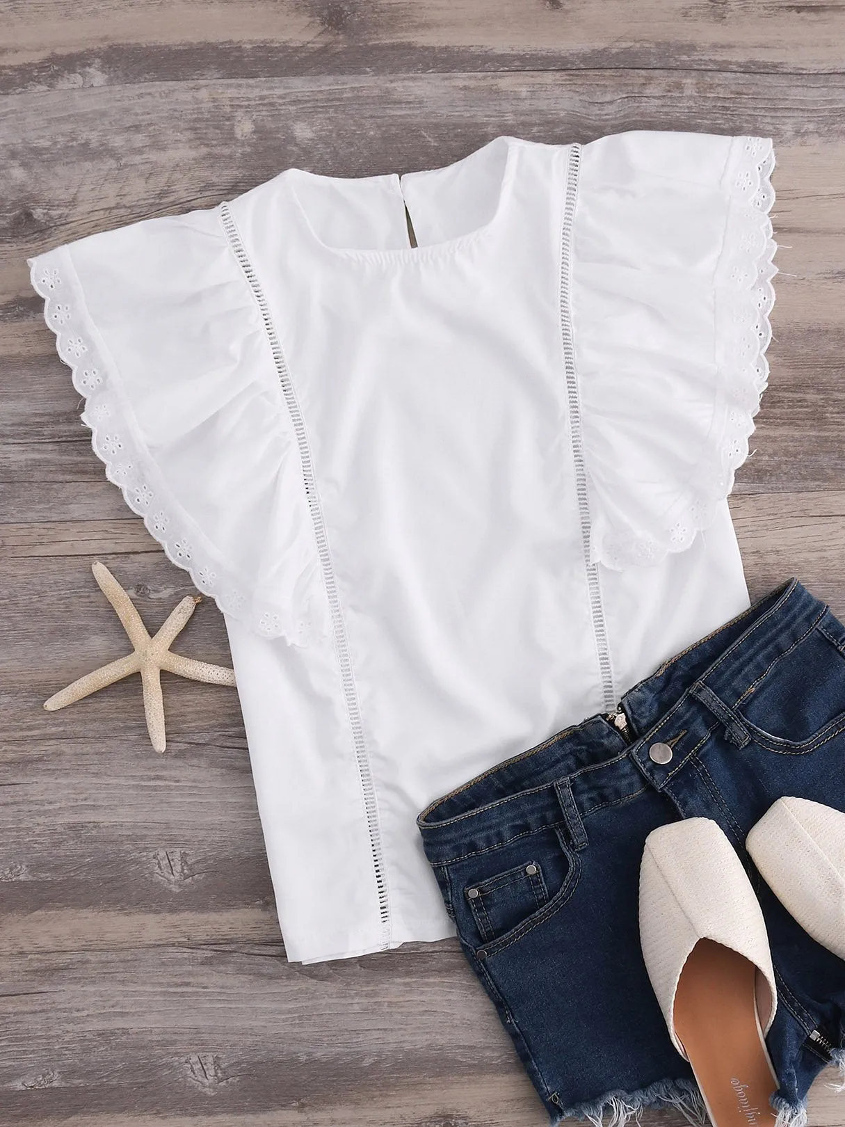 Wholesale Round Neck Plain Cut Out Ruffle Trim Short Sleeve White T-Shirts