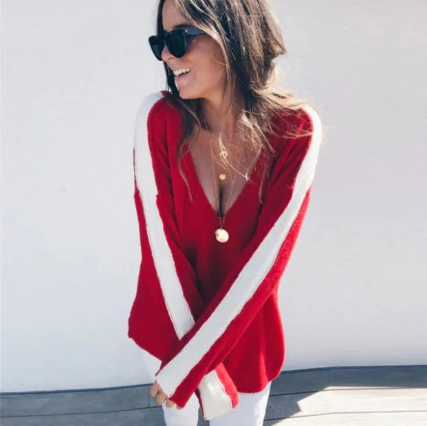 Women's Autumn Casual Deep V-Neck Loose Knitted Pullover