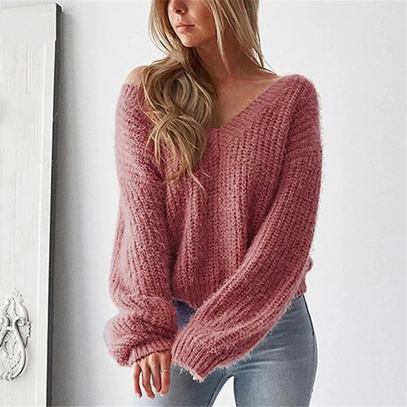 Women's Autumn/Winter Backless V-Neck Loose Knitted Pullover