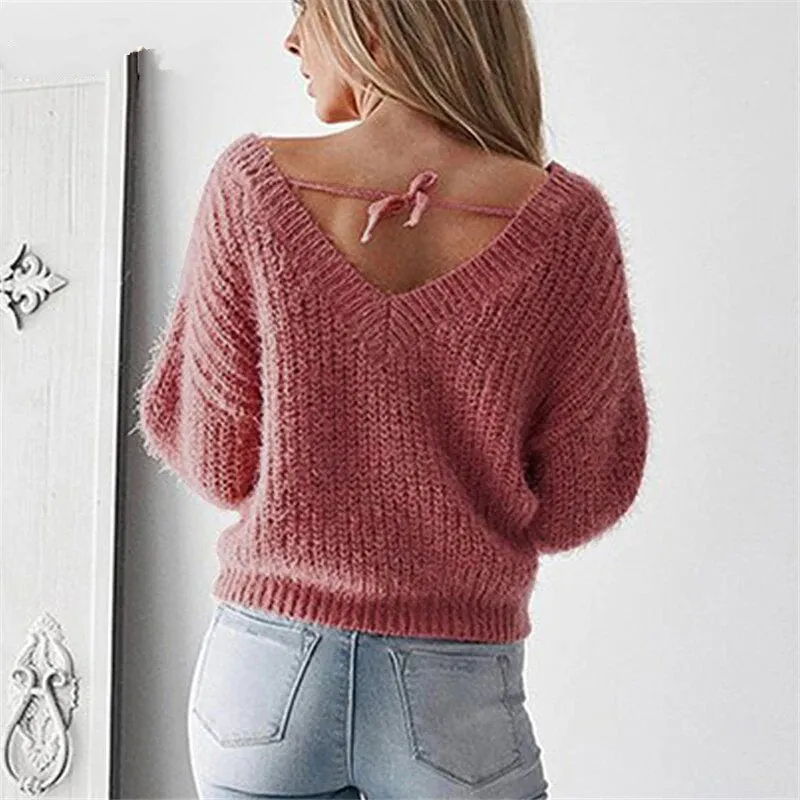 Women's Autumn/Winter Backless V-Neck Loose Knitted Pullover