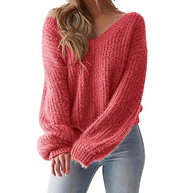 Women's Autumn/Winter Backless V-Neck Loose Knitted Pullover