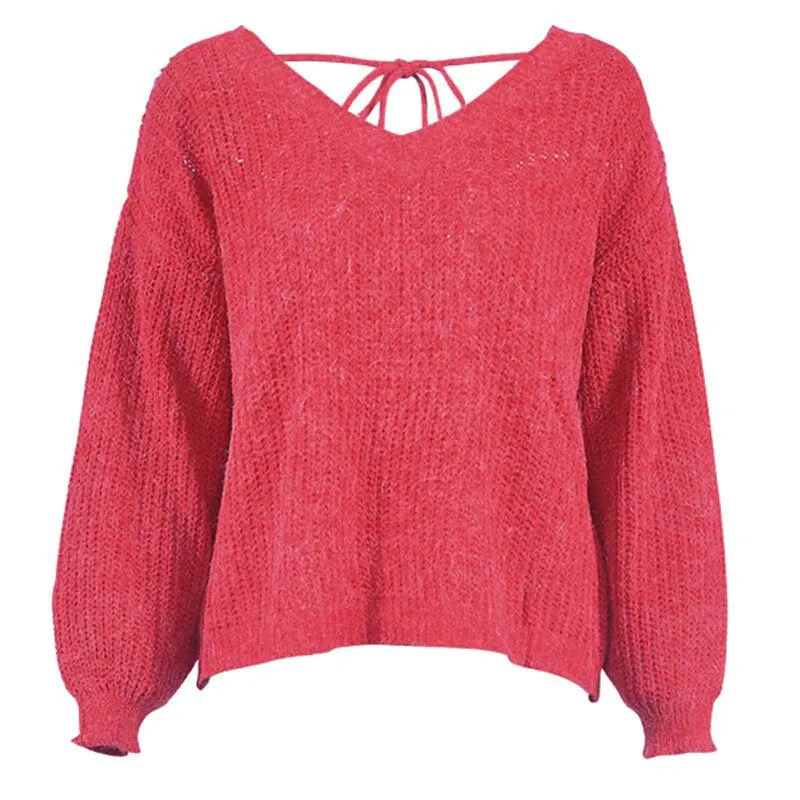 Women's Autumn/Winter Backless V-Neck Loose Knitted Pullover