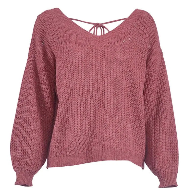 Women's Autumn/Winter Backless V-Neck Loose Knitted Pullover