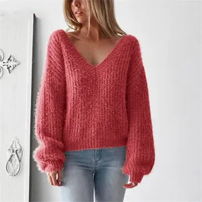 Women's Autumn/Winter Backless V-Neck Loose Knitted Pullover