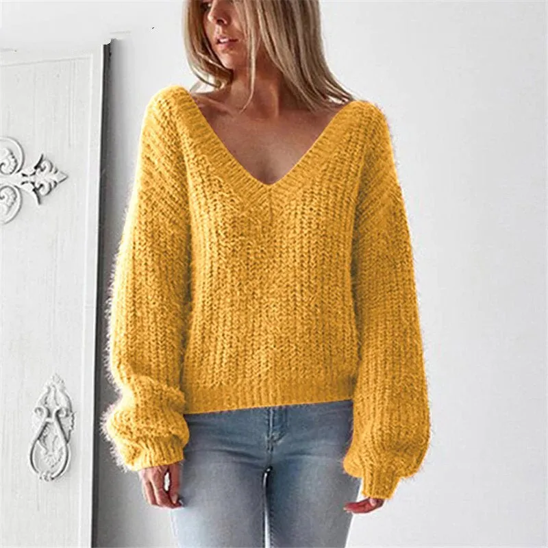 Women's Autumn/Winter Backless V-Neck Loose Knitted Pullover