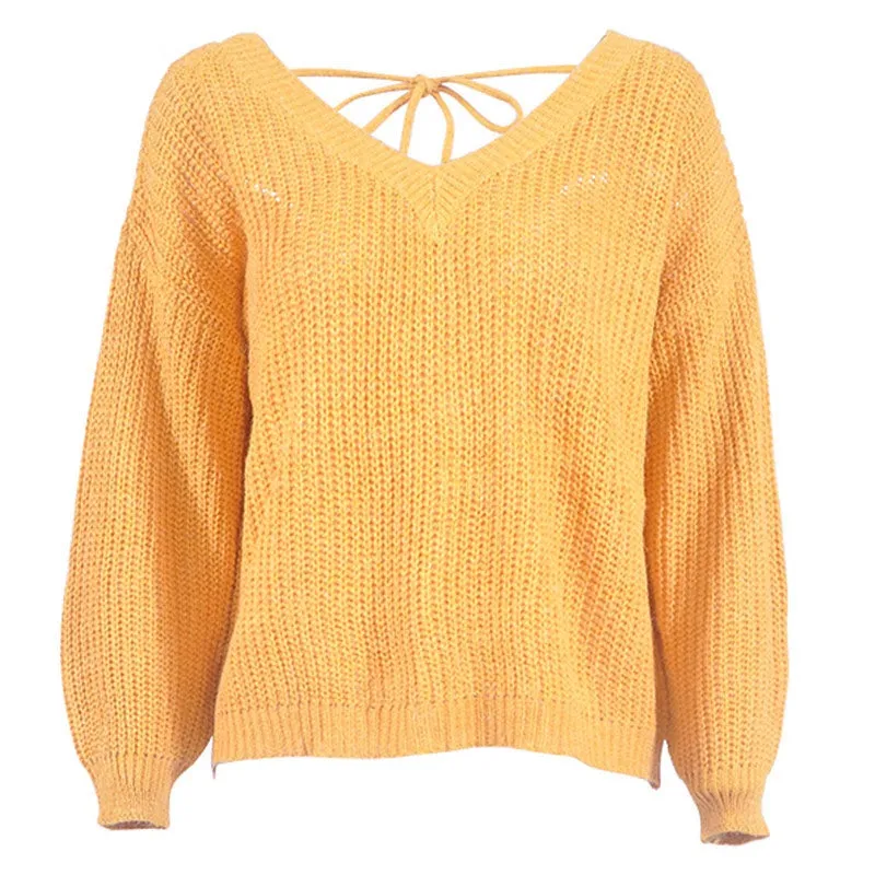 Women's Autumn/Winter Backless V-Neck Loose Knitted Pullover