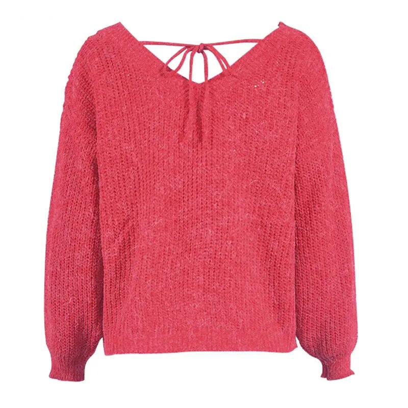 Women's Autumn/Winter Backless V-Neck Loose Knitted Pullover