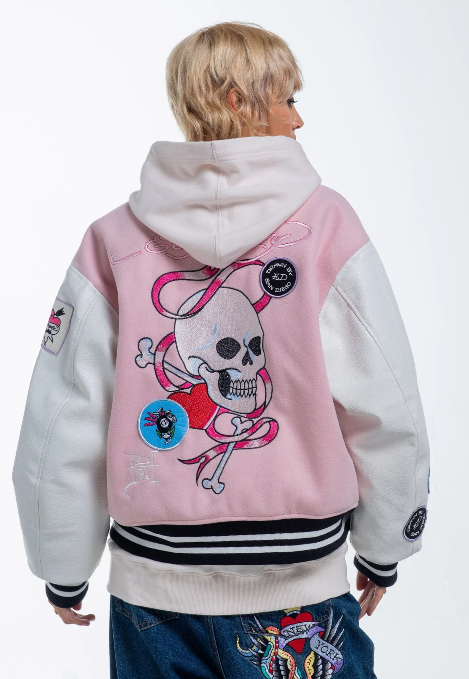 Womens Love Wrapped Varsity Bomber Jacket - Pink