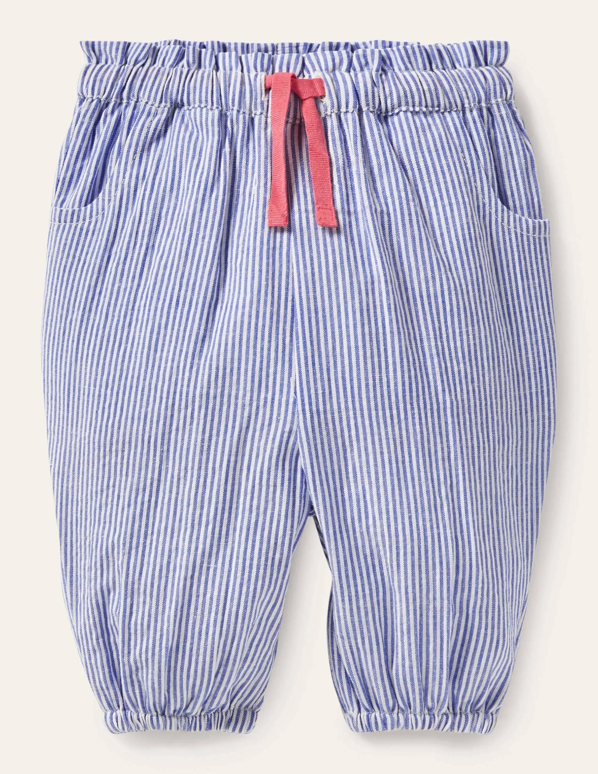 Woven Paperbag Trousers-Ivory/Bright Bluebell Ticking