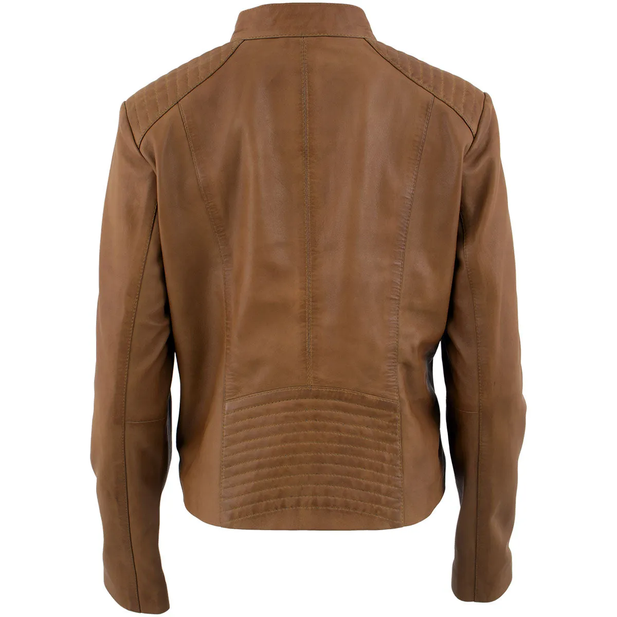 Xelement B91058 Women's ‘Keeper’Cognac Leather Scuba Style Biker Jacket with Snap Mandarin Collar