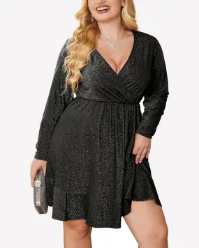 Zeagoo Plus Size Glitter Dress Long Sleeve Ruffle Hem Swing Dresses