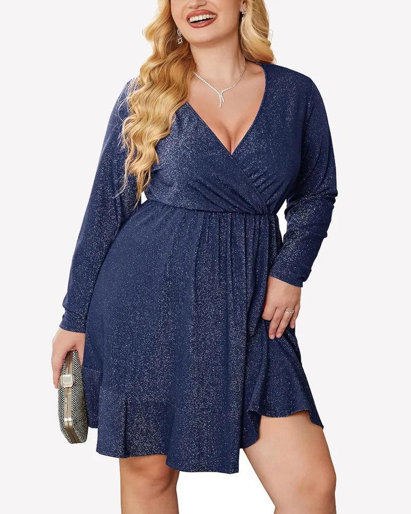 Zeagoo Plus Size Glitter Dress Long Sleeve Ruffle Hem Swing Dresses