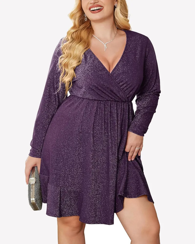 Zeagoo Plus Size Glitter Dress Long Sleeve Ruffle Hem Swing Dresses