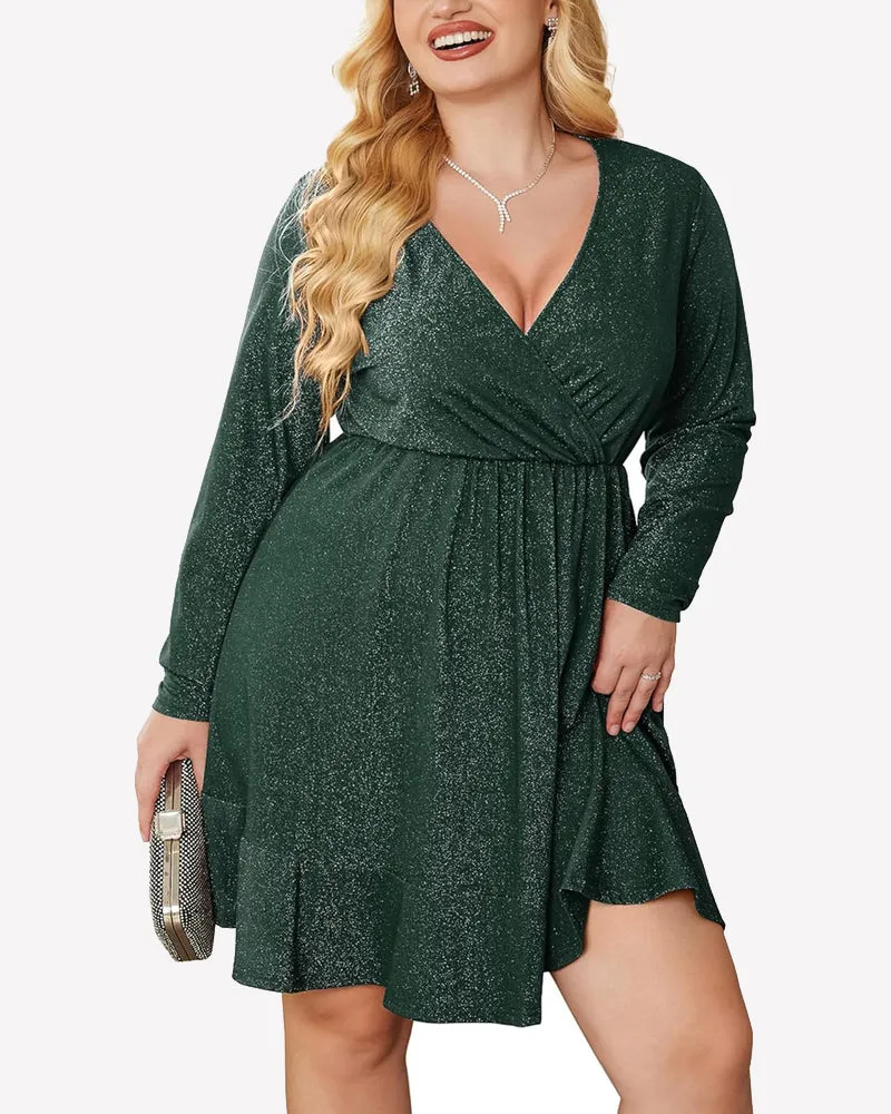 Zeagoo Plus Size Glitter Dress Long Sleeve Ruffle Hem Swing Dresses